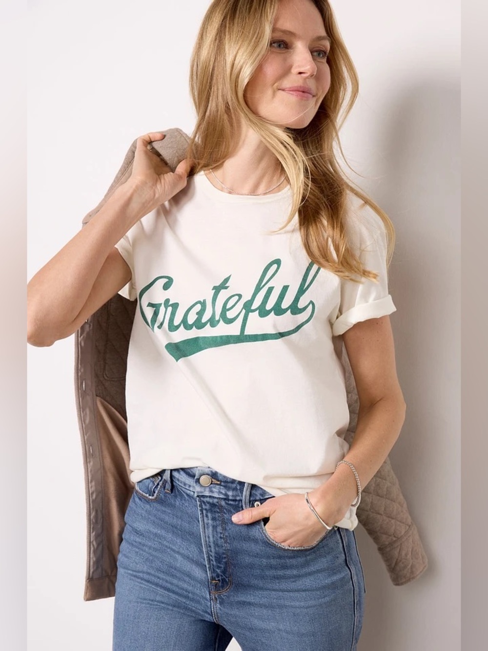 NWT! Retro Brand "Grateful" Graphic Tee Cream/Green Crewneck (Large)
